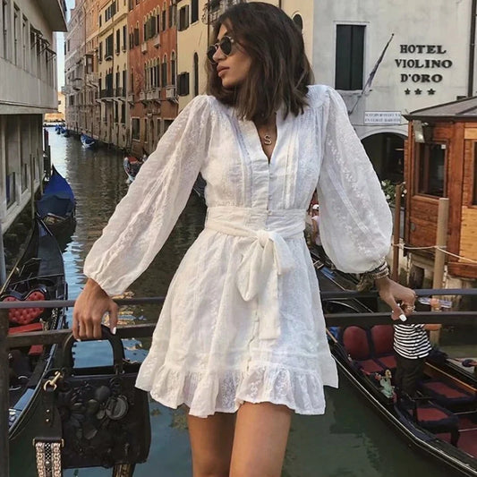 FashionSierra-Mini White Cotton Lace Summer Sexy V Neck Floral Embroidery Brand Women Beach Vestidos Boho Dress