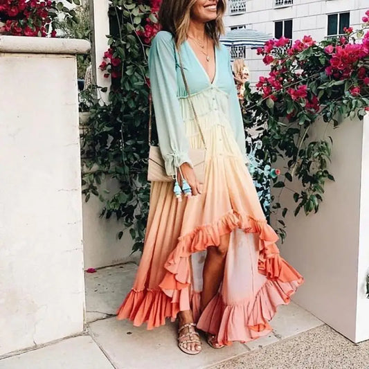 FashionSierra-Chiffon Long Sleeve Maxi Women 2025 Deep V Neck Sexy Irregular Rainbow Ruffles Beach Party Vestidos Boho Dress