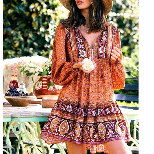 FashionSierra-Lantern Long Sleeve Mini Women Floral Print Tunic Robe Autumn Short Vintage V-neck Loose Vestidos Boho Dress
