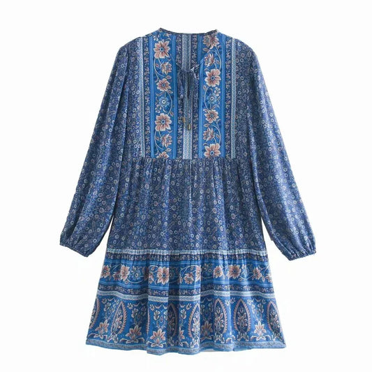 FashionSierra-Lantern Long Sleeve Mini Women Floral Print Tunic Robe Autumn Short Vintage V-neck Loose Vestidos Boho Dress
