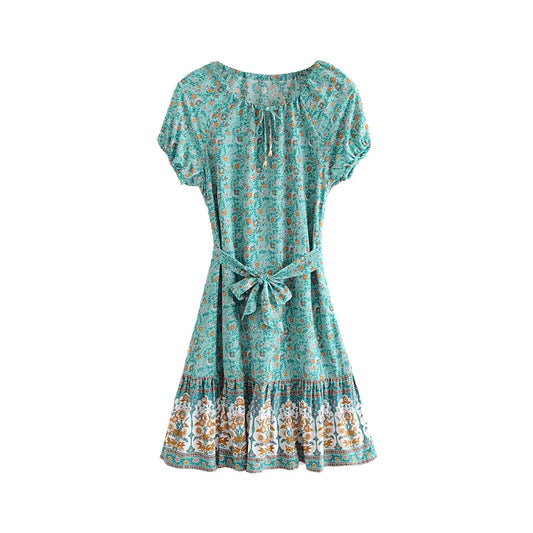 FashionSierra-Puff Print Short Sleeve Mini Vintage Red Floral Beach Summer Cotton Boho Dress