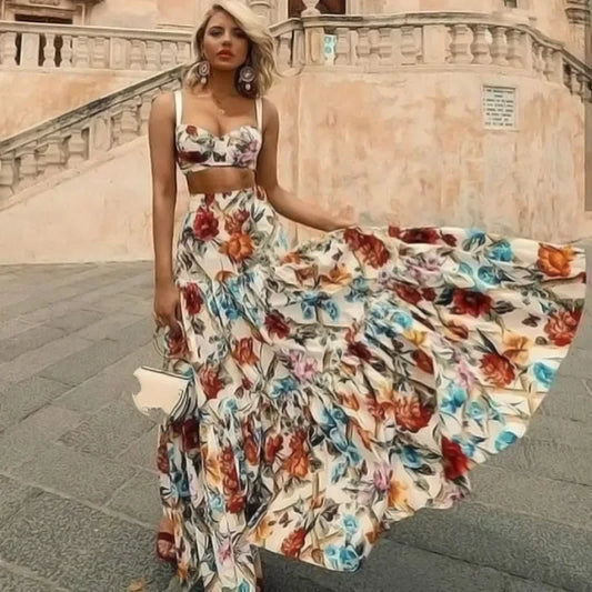 FashionSierra-Sleeveless Maxi Women 2 Piece Set Vintage Floral Print Bohemian Summer Vestidos Beach Robe 2025 3XL Boho Dress