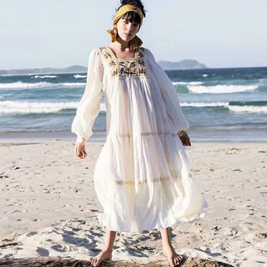 FashionSierra-Tunic White Floral Embroidery Long Sleeve Beach Summer Loose Gypsy Boho Dress