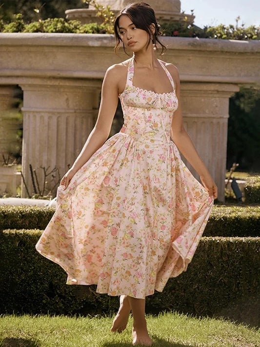 Waist Wrap A-line Long Summer Halter Backless Nightclub Sexy Midi Dress