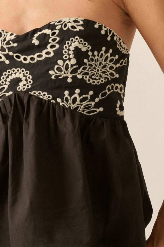 Take a Spin Embroidered Strapless Babydoll Top