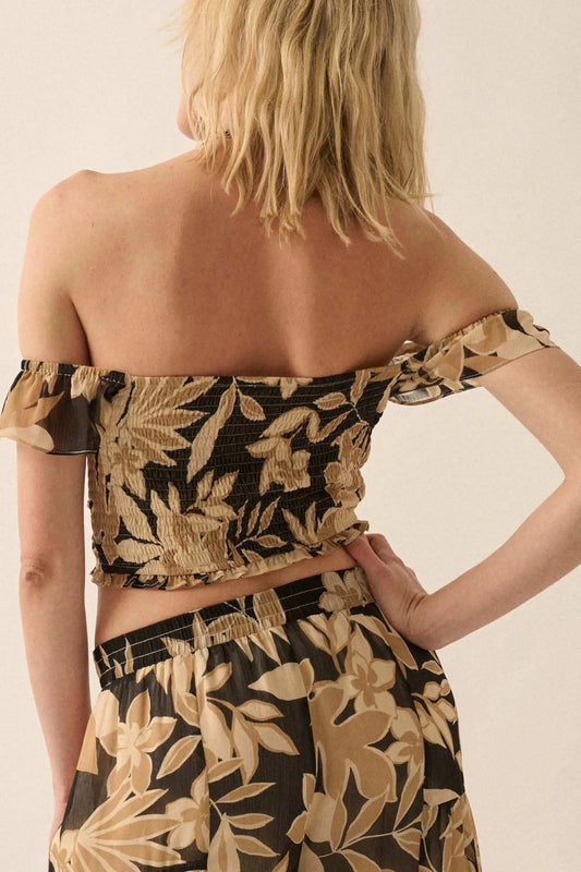 Exotic Tropics Floral Off-Shoulder Ruffle Crop Top