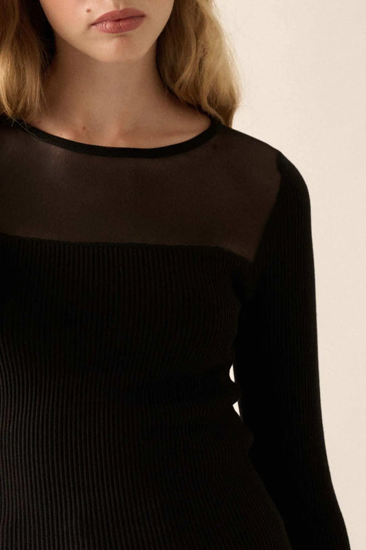 Shaper Fit Mesh Yoke Ribbed Knit Top