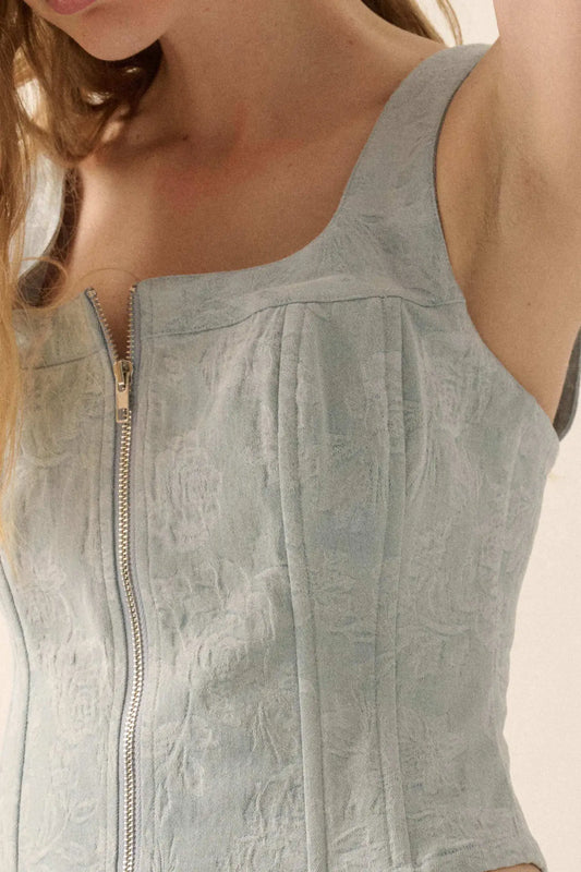 Burst of Blue Floral Jacquard Denim Corset Top