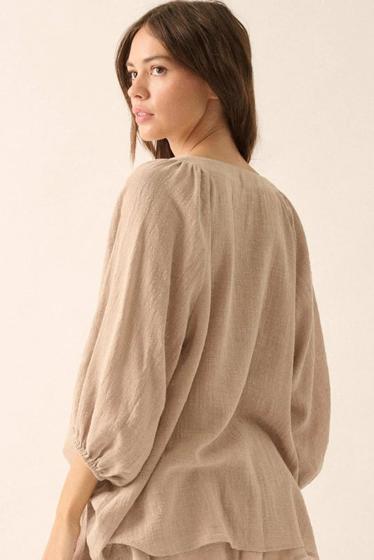 Fresh Feeling Textured Cotton Button-Up Blouse
