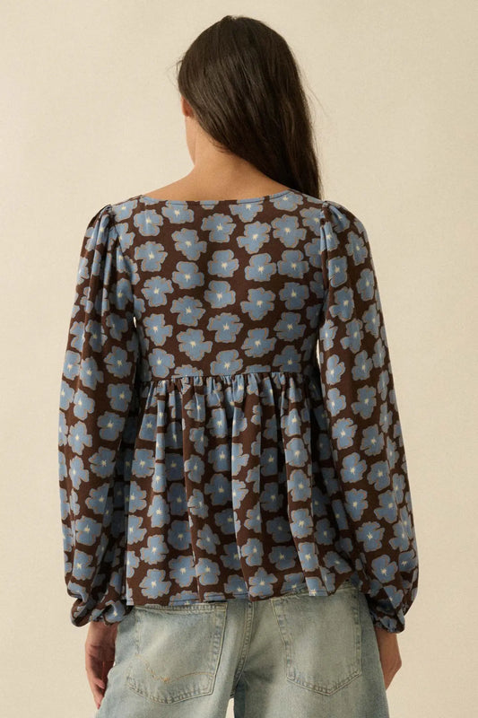 Bygone Blossoms Floral Smocked Babydoll Peasant Top