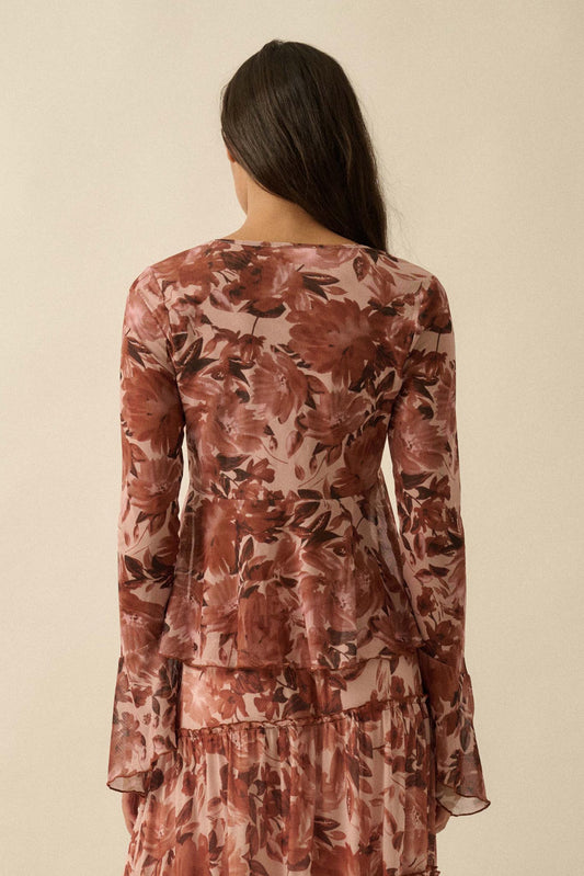Sublime Blooms Floral Mesh Tied Bell-Sleeve Top
