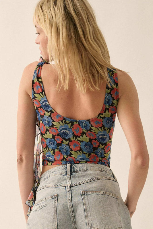 Bloom All Night Floral Mesh Ruffle Tie-Strap Top
