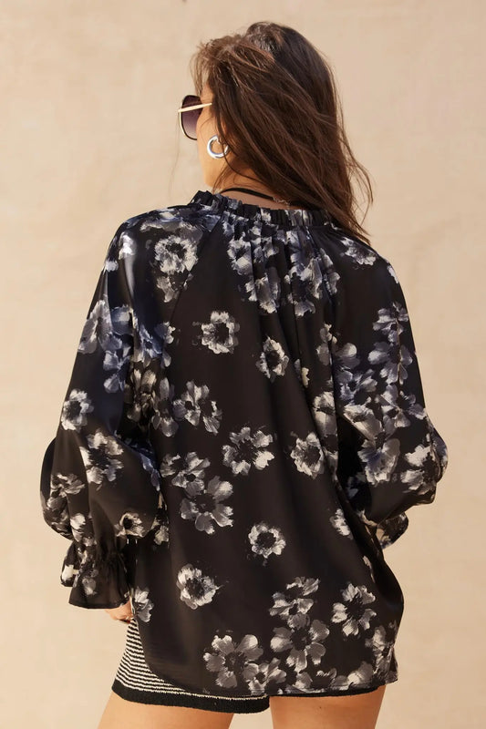 Lush Living Floral Satin Button-Up Peasant Top