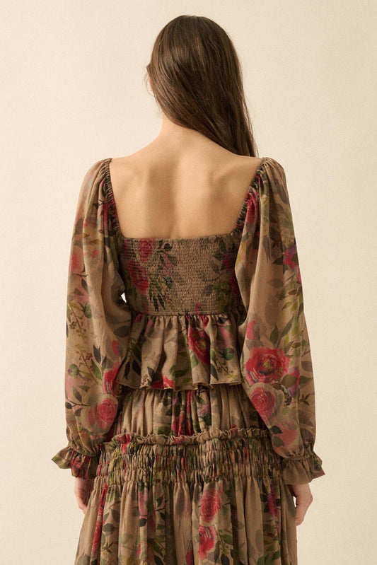 Roaming Blooms Smocked Floral Ruffle Peasant Top
