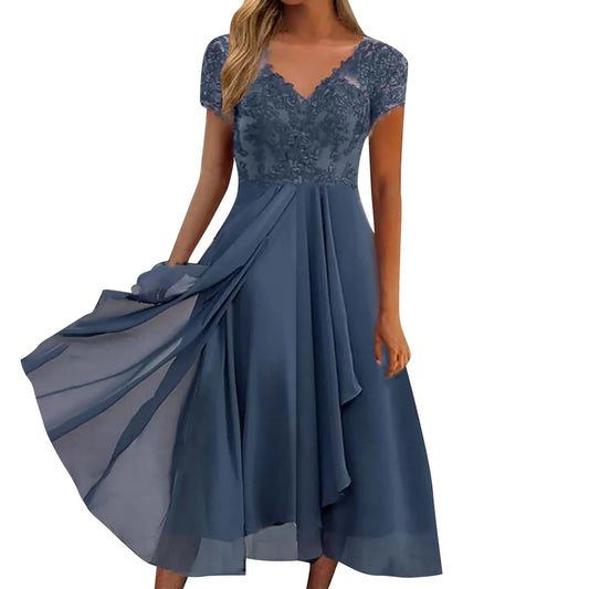 FashionSierra - Vintage Chiffon V Neck Splicing Lace Hollow Pleated Large Swing Summer Women Dress