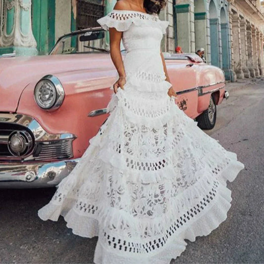 FashionSierra - 2025 Elegant White Lace Off Shoulder Boho Dress