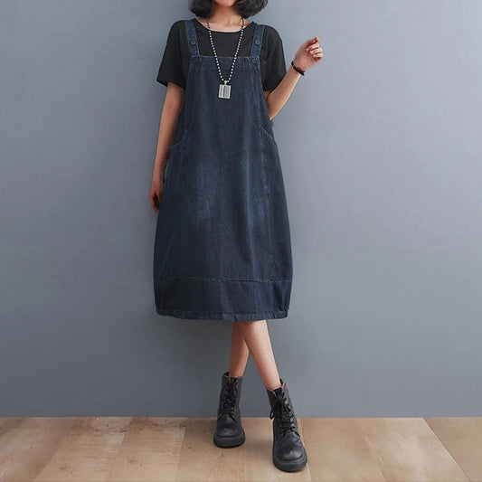 FashionSierra - Vintage Sleeveless A-Line Denim Summer Blue Jeans Korean Style Oversized Loose Pockets Overalls Women Dress