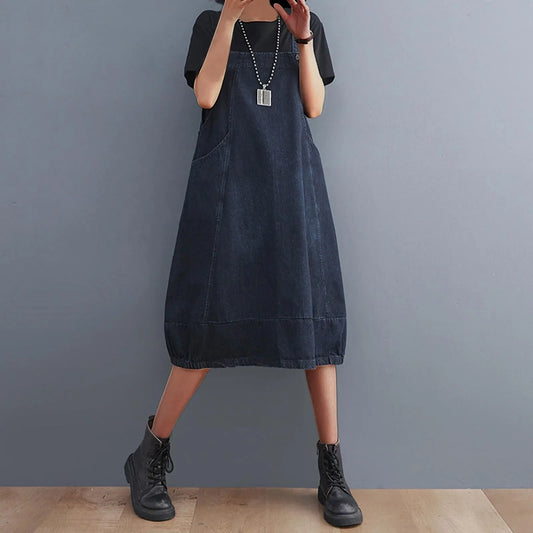 FashionSierra - Vintage Sleeveless A-Line Denim Summer Blue Jeans Korean Style Oversized Loose Pockets Overalls Women Dress