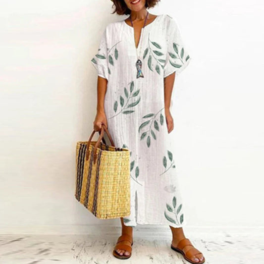 FashionSierra - 2025 Vintage Solid Cotton Linen V-Neck Split Boho Dress