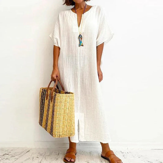 FashionSierra - 2025 Vintage Solid Cotton Linen V-Neck Split Boho Dress