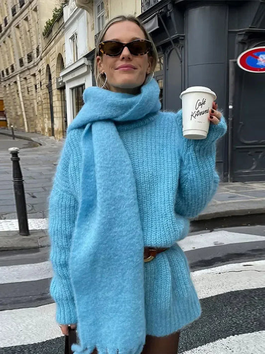 Women Blue Knitted With Scarf Collar Elegant Long Sleeve Loose Sweater