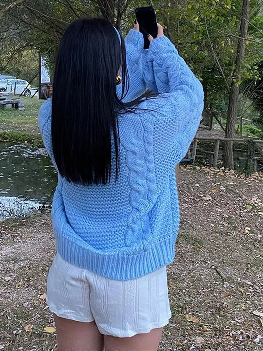 Women Blue Ribbed Knitted Loose Jumper Tops Fashion O Neck Long Sleeve Sweater