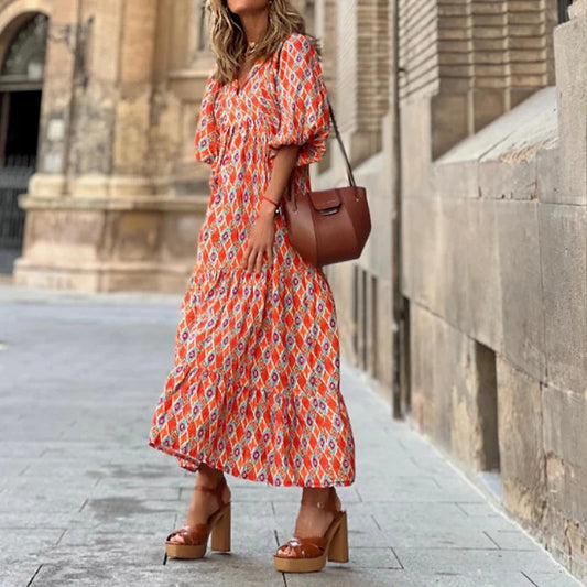 FashionSierra - 2025 Casual Summer Floral Printing V-Neck Boho Dress