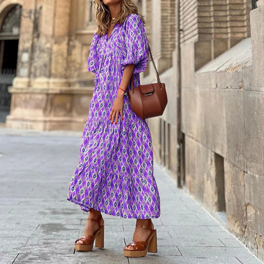 FashionSierra - 2025 Casual Summer Floral Printing V-Neck Boho Dress