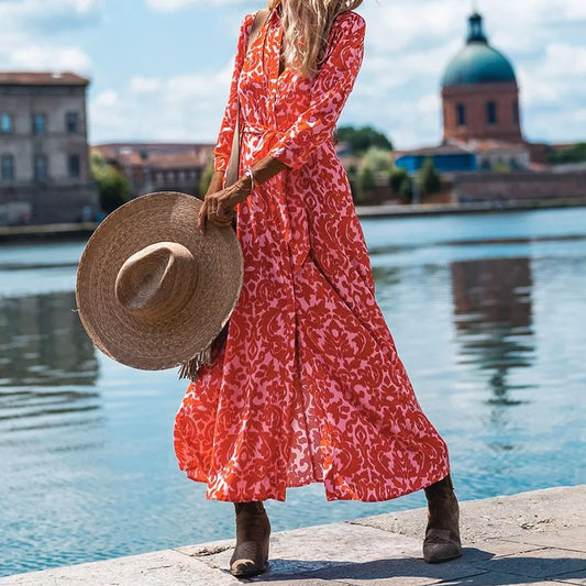 FashionSierra - 2025 Women Floral Print Spring Office Lapel Boho Dress