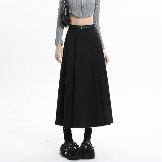 Woolen Pleated Womens 2025 New Autumn Winter Wool High Waist Ladies Elegant A-line Long Skirt