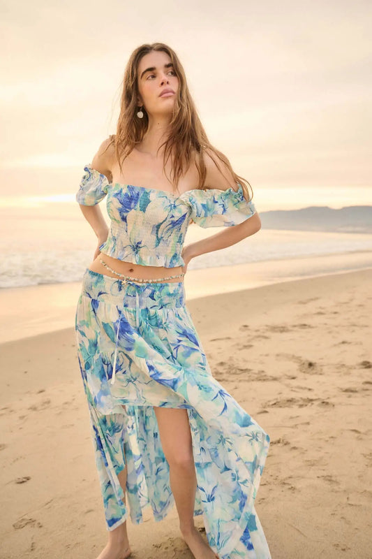 Sapphire Garden Floral Smocked Ruffle Crop Top