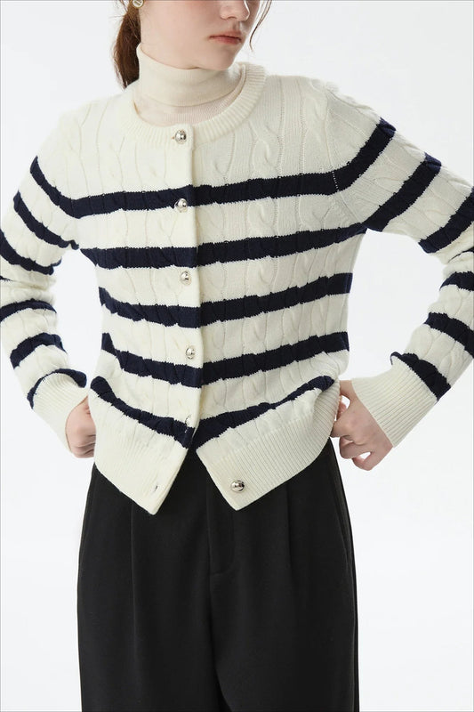 Black White Wool Twist Knit Cardigan