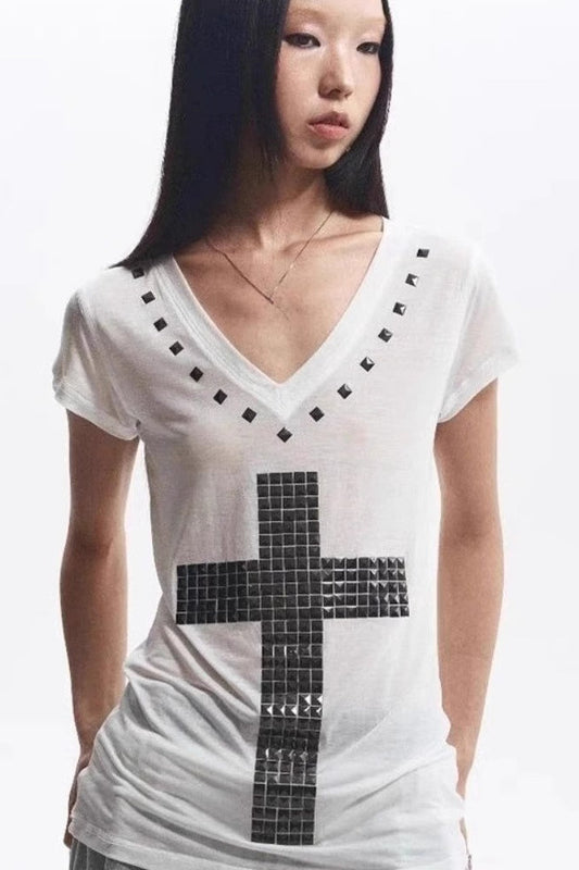 Loose V-Neck Cross Foil T-Shirt