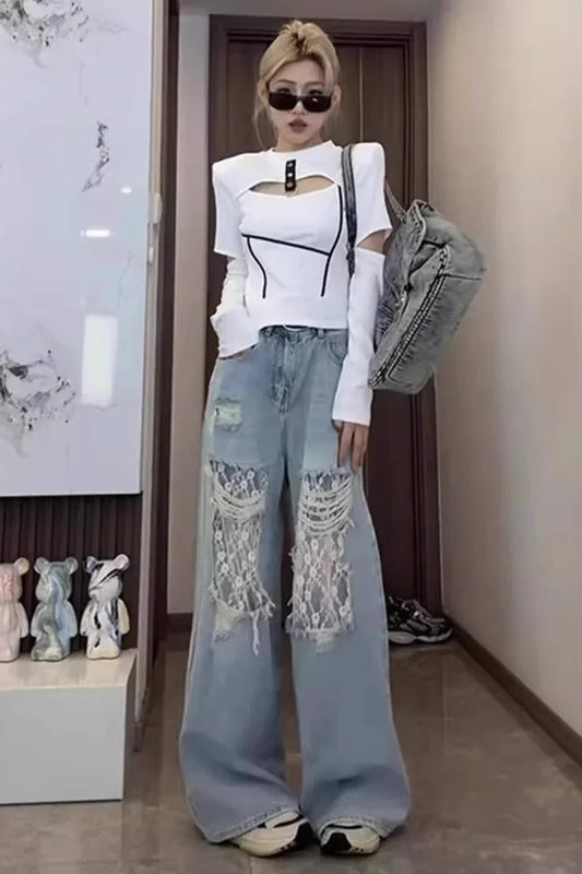 Lace Panel High Waist Wide Leg Jeans