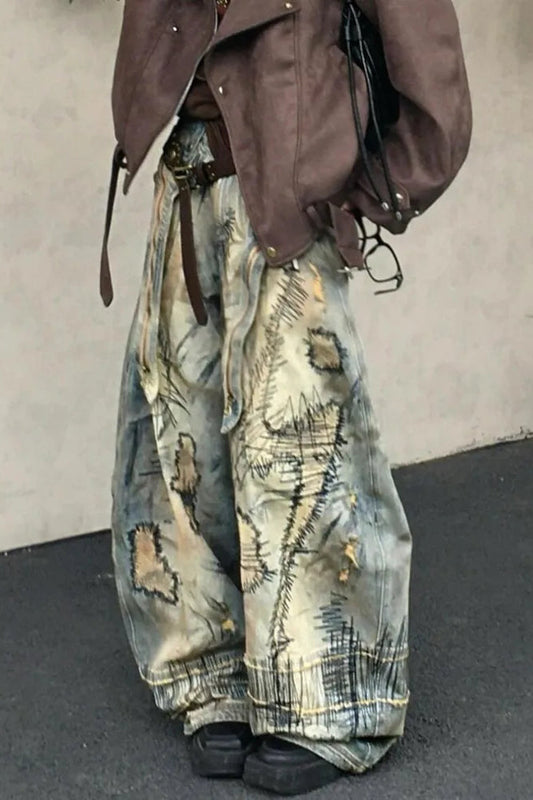 Retro Denim Wide Leg Mop Pants