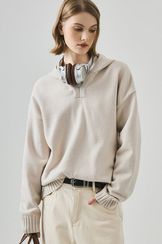 Slouchy V-Neck Hooded Sweater