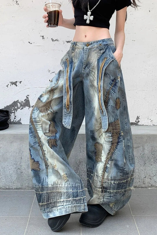 Punk Streetwear Wide Leg Denim Jeans