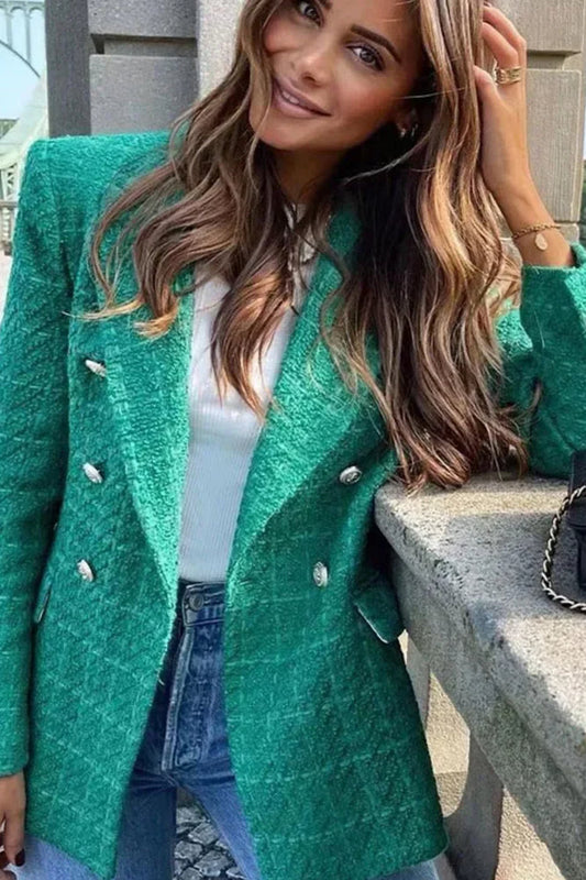 Textured Double-Breasted Mid-Length Blazer