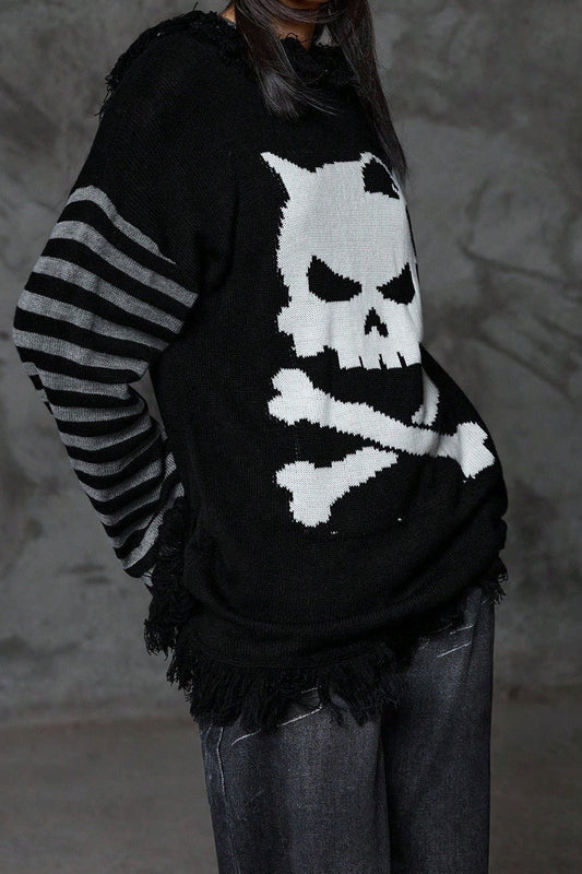 Y2K Skull Striped Knit Hoodie