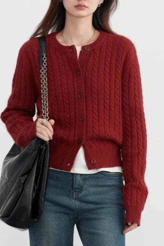 Red Twist Knit O-Neck Cardigan