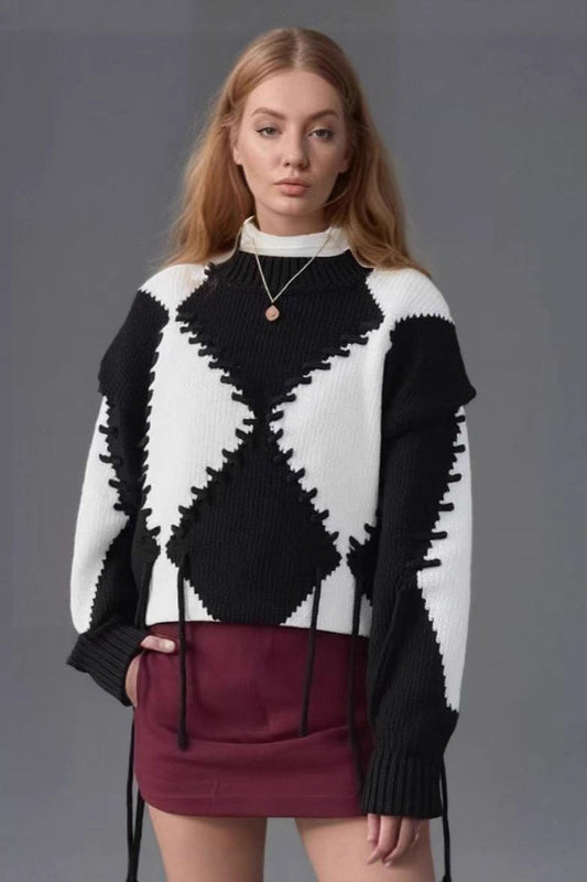 Rope Tie Color Block Knit Sweater