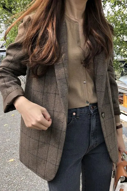 Plaid Woolen Button Blazer