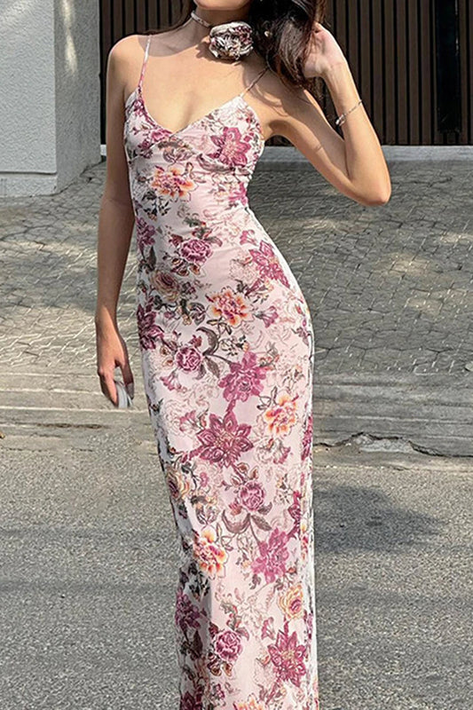 Backless V-Neck Maxi Floral Dress