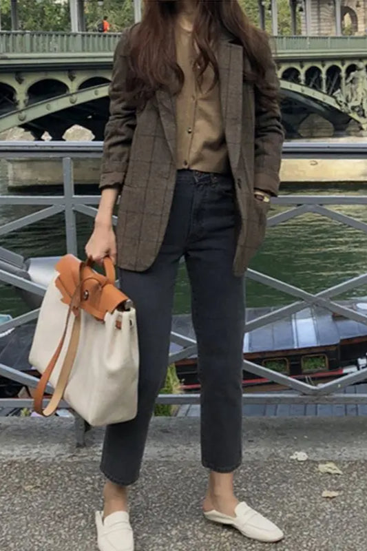 Plaid Woolen Button Blazer