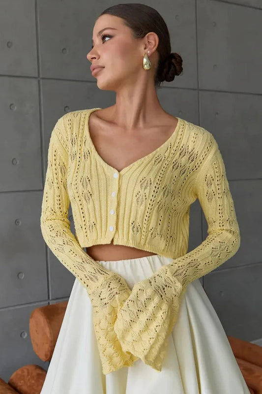 Slim Hollow Knit V Neck Button Cardigan