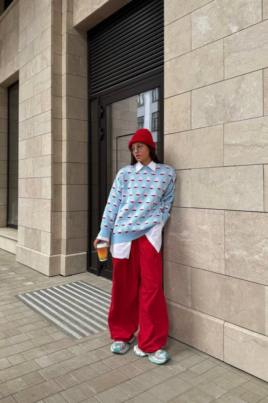 Casual Sailboat Jacquard Pullover Sweater