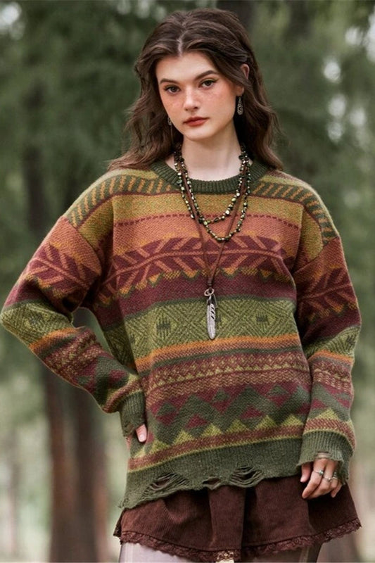 Distressed Geometric Knit Sweater
