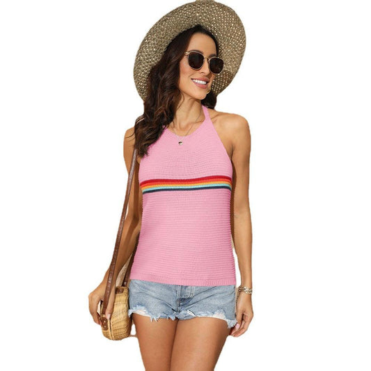 Women's Clothing Rainbow Color-blocking Halter Top Fashion Backless Knitted Lace-up Vest