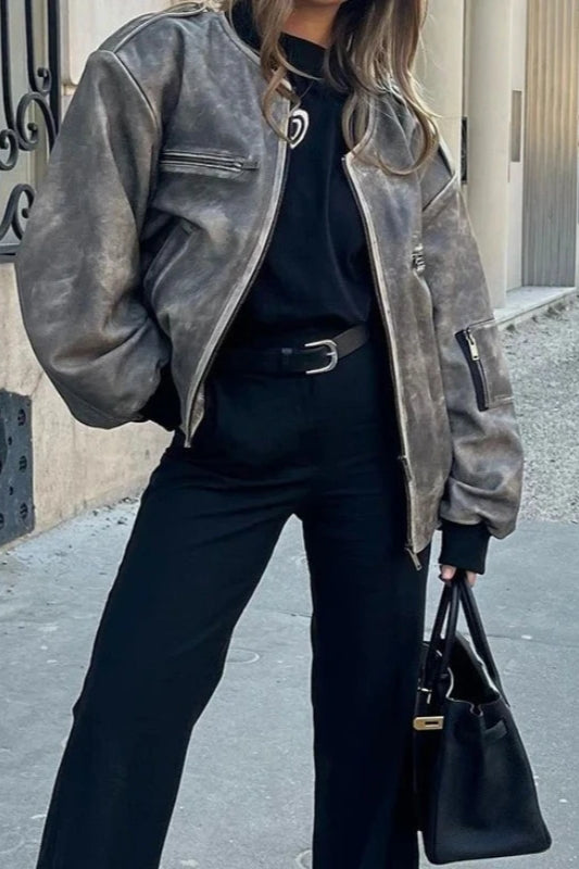 Faux Leather Zipper Bomber Jacket