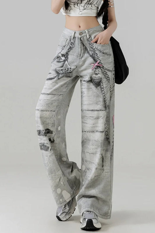Metal Love Chain Straight Leg Jeans
